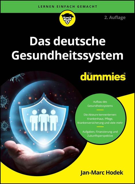 Das Cover zeigt den Titel "Das deutsche Gesundheitssystem für Dummies". Eine schützende Hand hält ein Symbol mit drei Personen.