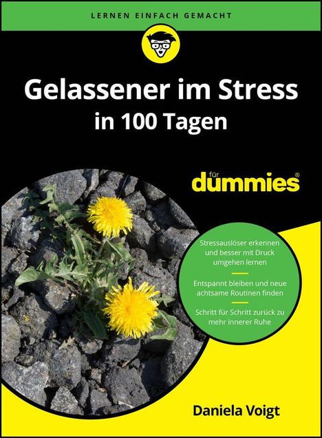 Titel: "Gelassener im Stress in 100 Tagen". Gelbe Löwenzahnblüten ragen aus Asphalt hervor.