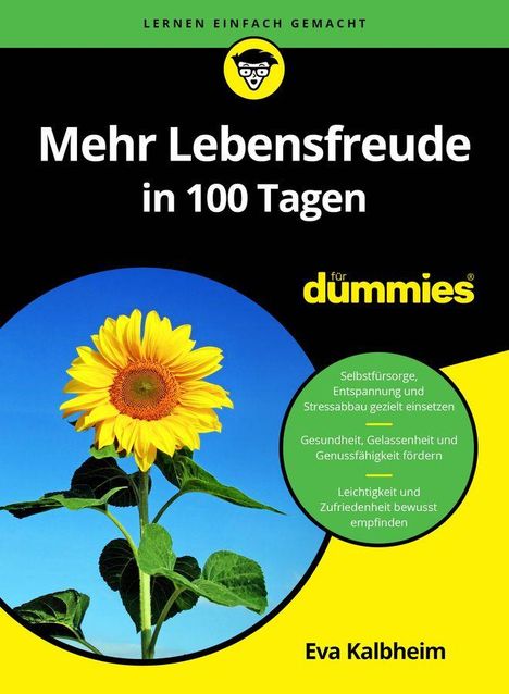"Mehr Lebensfreude in 100 Tagen für dummies" steht oben. Darunter eine Sonnenblume mit blauem Himmel und gelbe Textelemente.