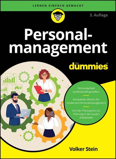 Titel: "Personalmanagement für Dummies". Logo: Lachendes Gesicht. Illustration: Menschen mit Notizblöcken, Zahnräder. Autor: Volker Stein.