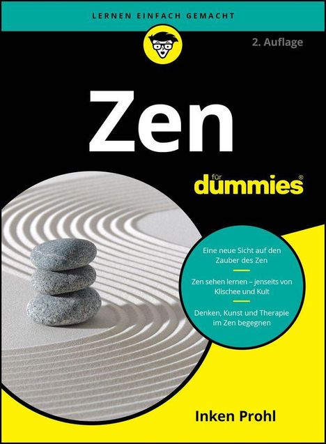 Oben steht "Lernen einfach gemacht". Groß "Zen für Dummies". Unten "Inken Prohl". Runde Steine auf welligem Sand.