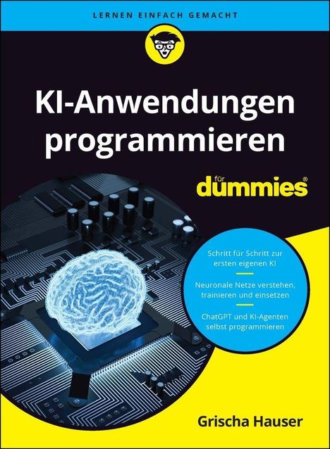 „KI-Anwendungen programmieren für dummies“. Bild: Gehirn auf einem Mikrochip, blaues Logo oben.