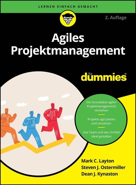 Aufschrift: "Agiles Projektmanagement für Dummies." Oben ein gelbes Logo, darunter bunte Personen laufen eine Pfeilrampe hinauf.