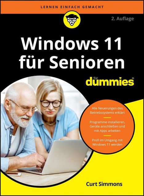 "Windows 11 für Senioren - für dummies"; Zwei ältere Menschen schauen auf einen Laptop.
