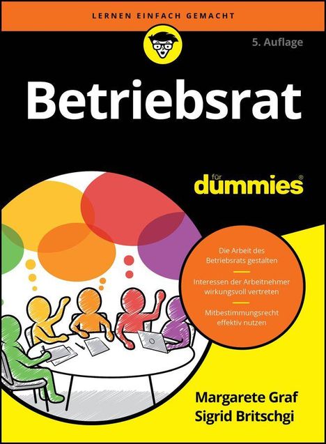 Text: "Betriebsrat für Dummies", "LERNEN EINFACH GEMACHT", "5. Auflage". Illustrative bunte Figuren in Sitzung.