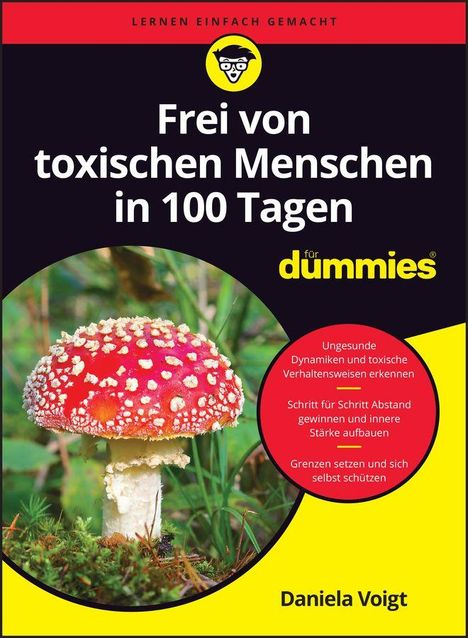Titel: "Frei von toxischen Menschen in 100 Tagen". Ein roter Fliegenpilz auf Gras, gelbes Rund-Logo oben. Autor: Daniela Voigt.