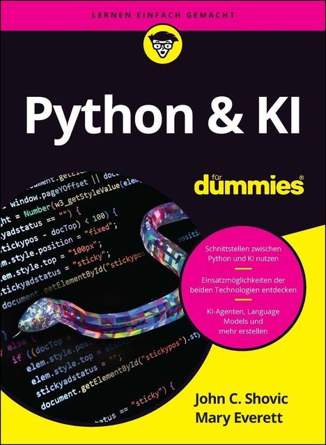 Oben: "LERNEN EINFACH GEMACHT". Titel: "Python & KI für dummies". Autoren: "John C. Shovic, Mary Everett". Code-Hintergrund.
