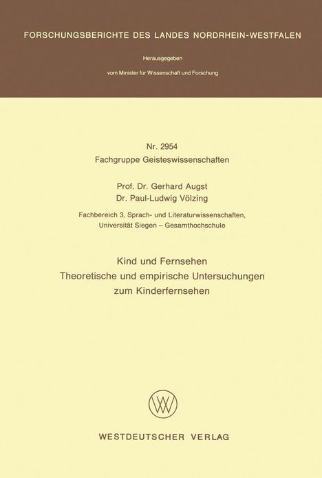 Gerhard Augst: Kind und Fernsehen, Buch