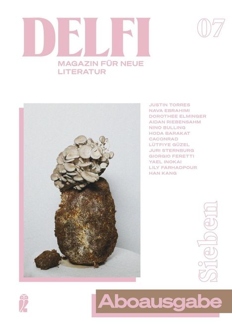 Titel: DELFI. Magazin für neue Literatur. Autorenliste. Zahlreiche Pilze auf einem Erdhügel.