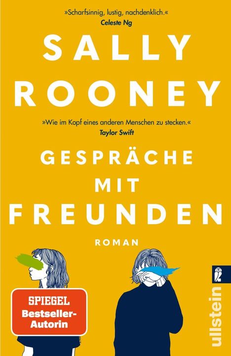 Text: „Sally Rooney, Gespräche mit Freunden, Roman, SPIGEL Bestseller-Autorin, Celeste Ng, Taylor Swift.” Illustration: Zwei Personenprofile mit Farbbalken vor den Augen.