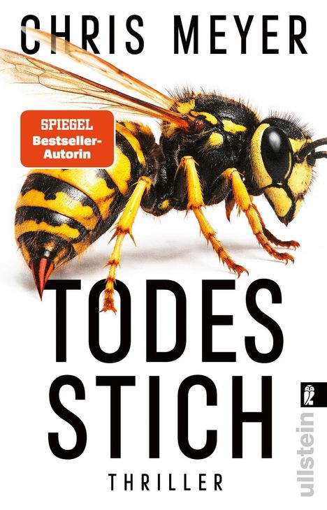 "Chris Meyer, Todesstich, Thriller, Spiegel Bestseller-Autorin. Eine riesige Wespe im Detail, seitlich dargestellt."