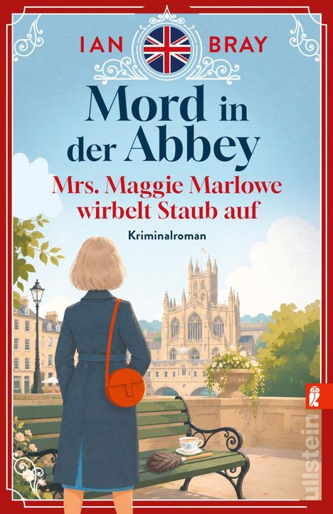 Titel: "Mord in der Abbey". Untertitel: "Mrs. Maggie Marlowe wirbelt Staub auf". Frau im Trenchcoat schaut auf alte Abtei.