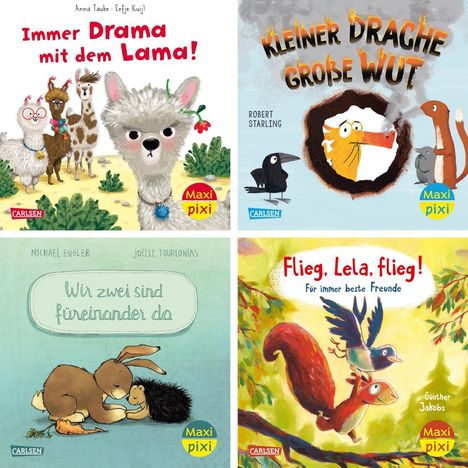 1. "Immer Drama mit dem Lama!" Illustration von Lamas.
2. "Kleiner Drache, große Wut" Illustration eines Drachen.
3. "Wir zwei sind füreinander da" mit Hase und Igel.
4. "Flieg, Lela, flieg!" Vogel auf Eichhörnchen.