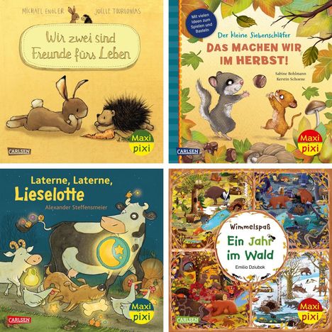 Oben links: "Wir zwei sind Freunde fürs Leben". Unten links: "Laterne, Laterne, Lieselotte". Rechts oben: "Das machen wir im Herbst!". Rechts unten: "Ein Jahr im Wald". Vier bunte Buchcover mit Tieren.