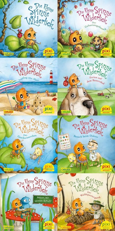 Sechs Cover von Pixi-Büchern mit Titel: "Die kleine Spinne Widerlich" und Untertiteln wie "Geburtstagsbesuch", "Waldspaziergang".