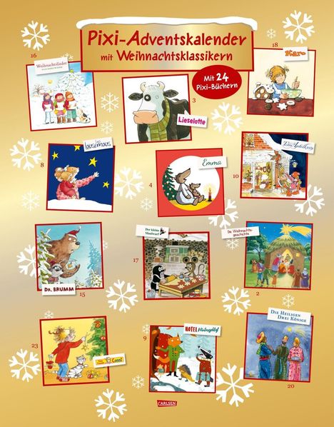 "Pixi-Adventskalender mit Weihnachtsklassikern. Mit 24 Pixi-Büchern." Umrandet von weihnachtlichen Illustrationen.