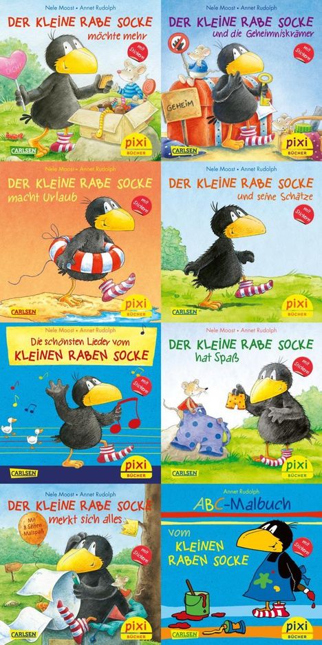 "Der kleine Rabe Socke" Buchtitel und farbenfrohe Illustrationen mit einem Raben und einer Maus in verschiedenen Szenen.