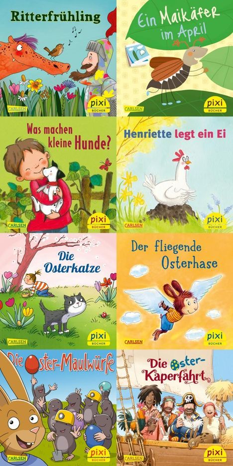 Acht Kinderbuchcover von Pixi-Bücher mit lustigen Tier- und Abenteuergeschichten.