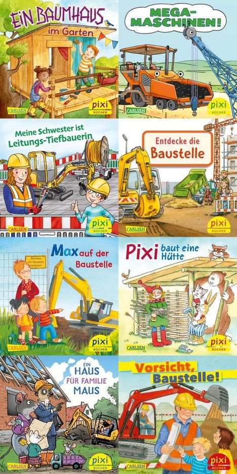 - Ein Baumhaus im Garten
- Mega-Maschinen!
- Meine Schwester ist Leitungs-Tiefbauerin
- Entdecke die Baustelle
- Max auf der Baustelle
- Pixi baut eine Hütte
- Ein Haus für Familie Maus
- Vorsicht, Baustelle!