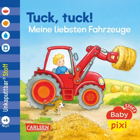 "Tuck, tuck! Meine liebsten Fahrzeuge. Unkaputtbar Stoff. Illustration: Kind in rotem Traktor, Hund läuft. Bunte Landschaft."