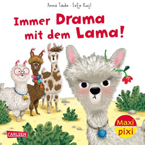 "Immer Drama mit dem Lama!" steht groß. Vier bunte Lamas, eines trägt eine Brille. "Maxi Pixi" steht in einem gelben Kreis.