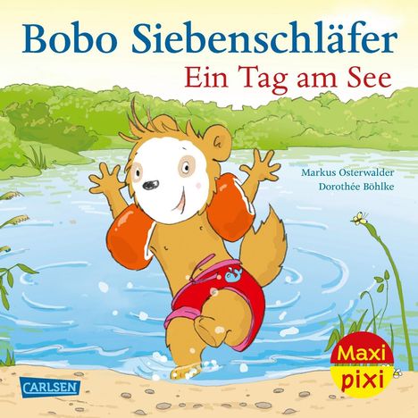 Text: "Bobo Siebenschläfer - Ein Tag am See." Illustration: Ein fröhlicher Siebenschläfer mit Schwimmflügeln am Wasser.