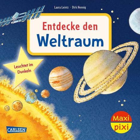 Text: "Entdecke den Weltraum", "Leuchtet im Dunkeln". Illustration von Planeten und einem sonnigen Hintergrund.