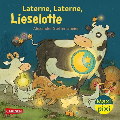 „Laterne, Laterne, Lieselotte“ von Alexander Steffensmeier. Eine Kuh mit Laterne, umgeben von Tieren im Dunkeln.
