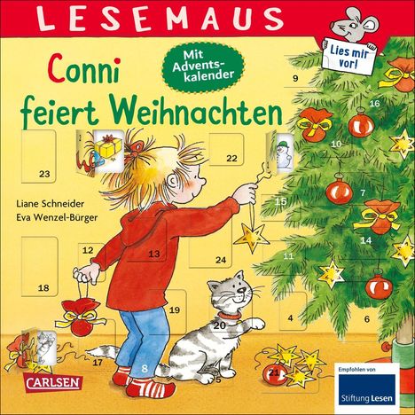 "Conni feiert Weihnachten" mit Adventskalender, von Liane Schneider, Illustration: Conni schmückt Baum, Katze daneben.