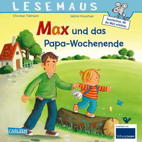 "Max und das Papa-Wochenende" steht oben. Eine Illustration zeigt einen Mann und ein Kind, die fröhlich spazieren gehen.