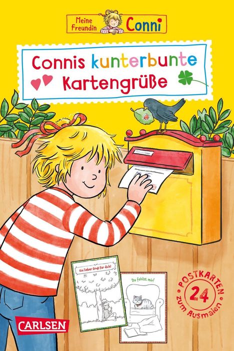 „Connis kunterbunte Kartengrüße“ steht oben. Illustration: Ein Kind steckt eine Karte in einen Briefkasten.