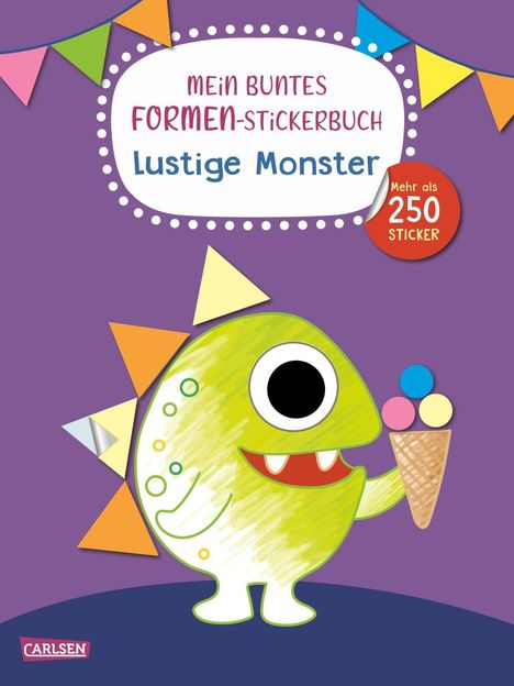 Ein buntes Stickerbuch-Cover mit lustigem Monster, das ein Eis hält. Text: "Mein buntes Formen-Stickerbuch. Lustige Monster".