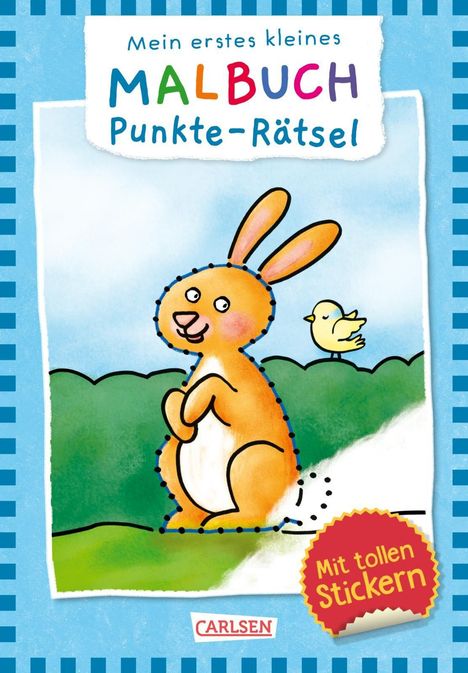 „Mein erstes kleines Malbuch: Punkte-Rätsel.“ Ein Hase mit Punkten, Vogel auf dem Rücken, blauer Rand.