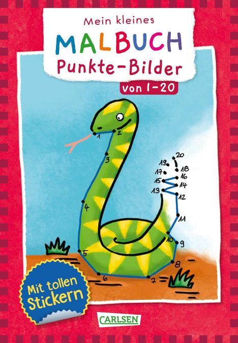 „Mein kleines MALBUCH Punkte-Bilder von 1-20“. Illustration einer Schlange mit Punkten zum Verbinden.