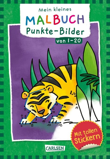 "Mein kleines Malbuch Punkte-Bilder von 1-20. Mit tollen Stickern." Tiger mit Zahlen von 1 bis 20 zum Verbinden.