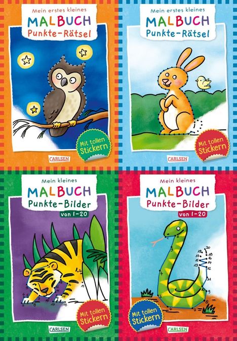 "Mein erstes kleines MALBUCH Punkte-Rätsel" und "Punkte-Bilder von 1-20". Illustrationen von Tieren mit Stickern.