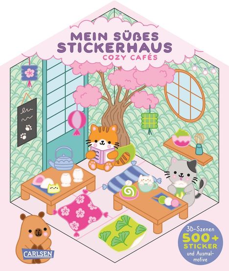 "Mein süßes Stickerhaus, Cozy Cafés, 3D-Szenen 500+ Sticker und Ausmalmotive." Illustration zweier Katzen in einem Café.