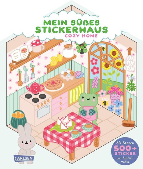 "Mein süßes Stickerhaus: Cozy Home" ist der Titel. Illustration: Bunte, gemütliche Küche mit Tierfiguren und Blumen.