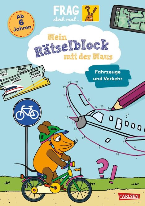 Ein bunter Rätselblock für Kinder ab 6 Jahren mit einer Maus auf einem Fahrrad, einem Flugzeug, Tickets und Straßenschild.