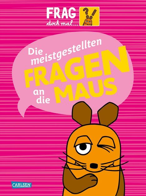 "Die meistgestellten Fragen an die Maus" vor pinkem Hintergrund. Zeichnung: Orange-braune Maus zwinkert.