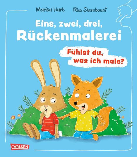 Titel: "Eins, zwei, drei, Rückenmalerei". Untertitel: "Fühlst du, was ich male?". Zwei Tiere spielen zusammen.