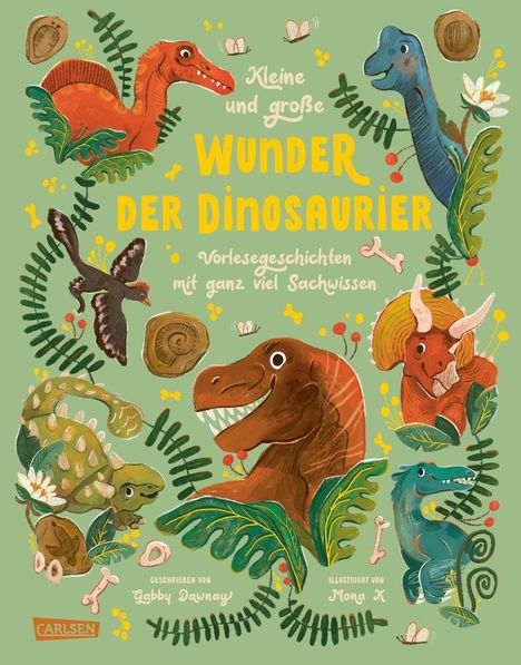 "Kleine und große Wunder der Dinosaurier" steht auf einem grünen Hintergrund mit Dinosauriern und Pflanzen, illustriert.