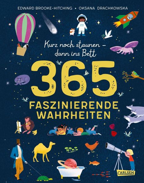 "365 faszinierende Wahrheiten" in gelb. Bunter blauer Hintergrund mit Tieren, einem Astronauten und einem Teleskop.