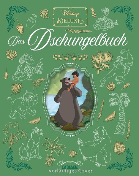 "Disney Deluxe – Das Dschungelbuch. Illustration von Balu, einem großen Bären, und Mowgli im Dschungel. Umgeben von Tierzeichnungen."