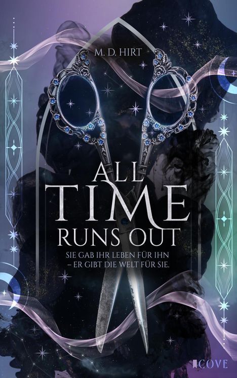 Buchtitel: "All Time Runs Out". Darunter: "Sie gab ihr Leben für ihn – er gibt die Welt für sie." Zentral: Verzierte Schere.