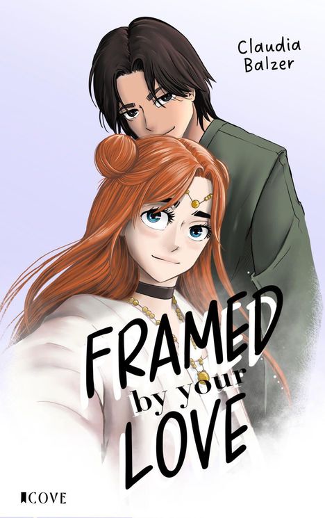 "Claudia Balzer, FRAMED by your LOVE" in Schwarz auf Illustration. Zwei Personen, Frau mit roten Haaren, Mann dahinter.