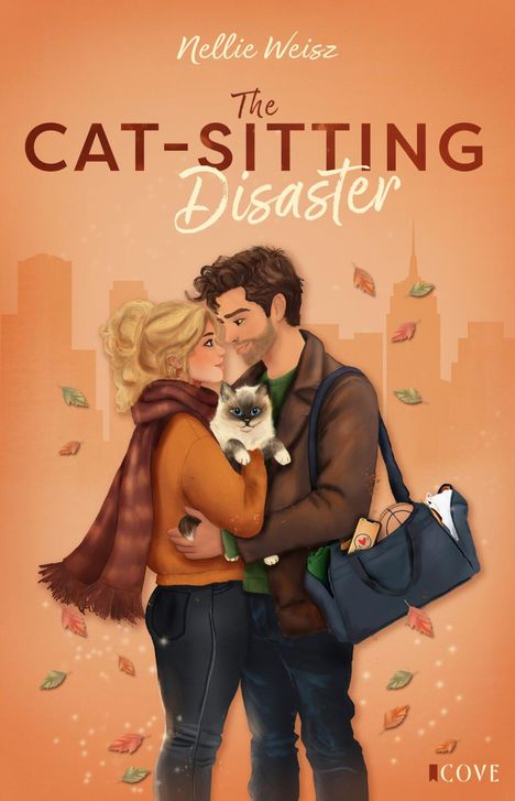 "Nellie Weisz. The Cat-Sitting Disaster." Illustration: Ein Paar umarmt sich mit einer Katze, umgeben von herbstlichen Blättern.