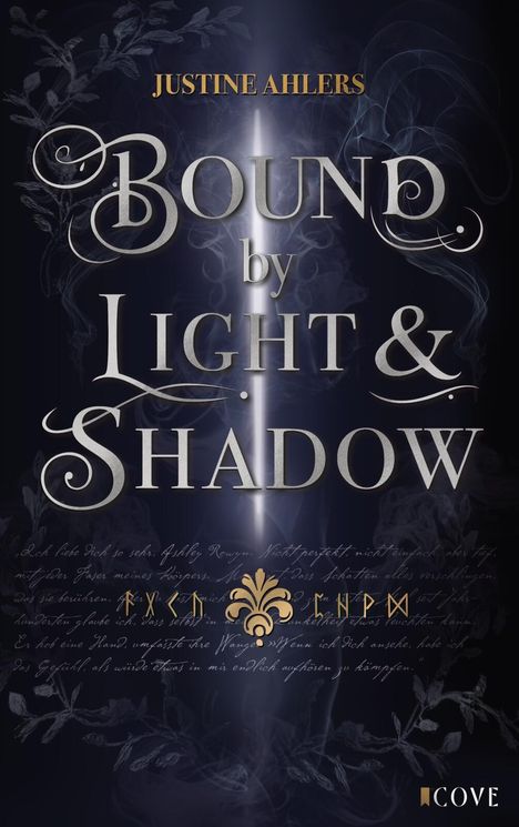 „Bound by Light & Shadow“ von Justine Ahlers. Dunkler Hintergrund mit floralen Mustern und Lichtstrahl.