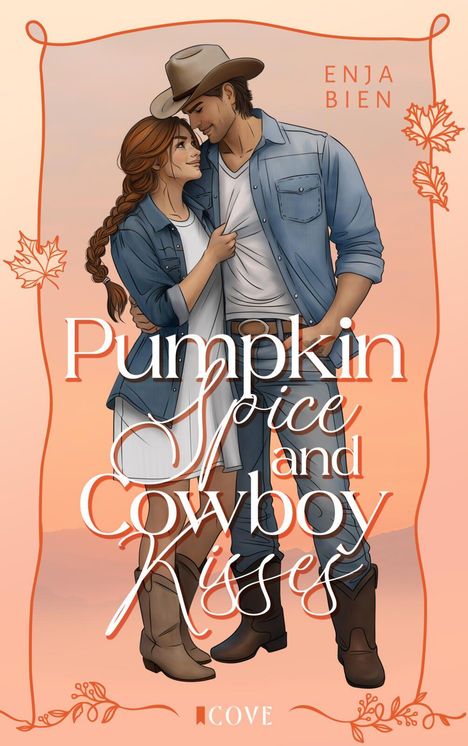 "Pumpkin Spice and Cowboy Kisses", Enja Bien. Illustration eines Paares in Cowboykleidung, Hintergrund mit Herbstblättern.