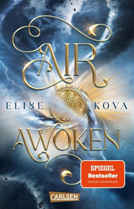 Texte: Air Awoken, Elise Kova, SPIEGEL Bestseller, Carlsen. Design: goldene Ornamente, stürmischer Himmel mit Blitzen.